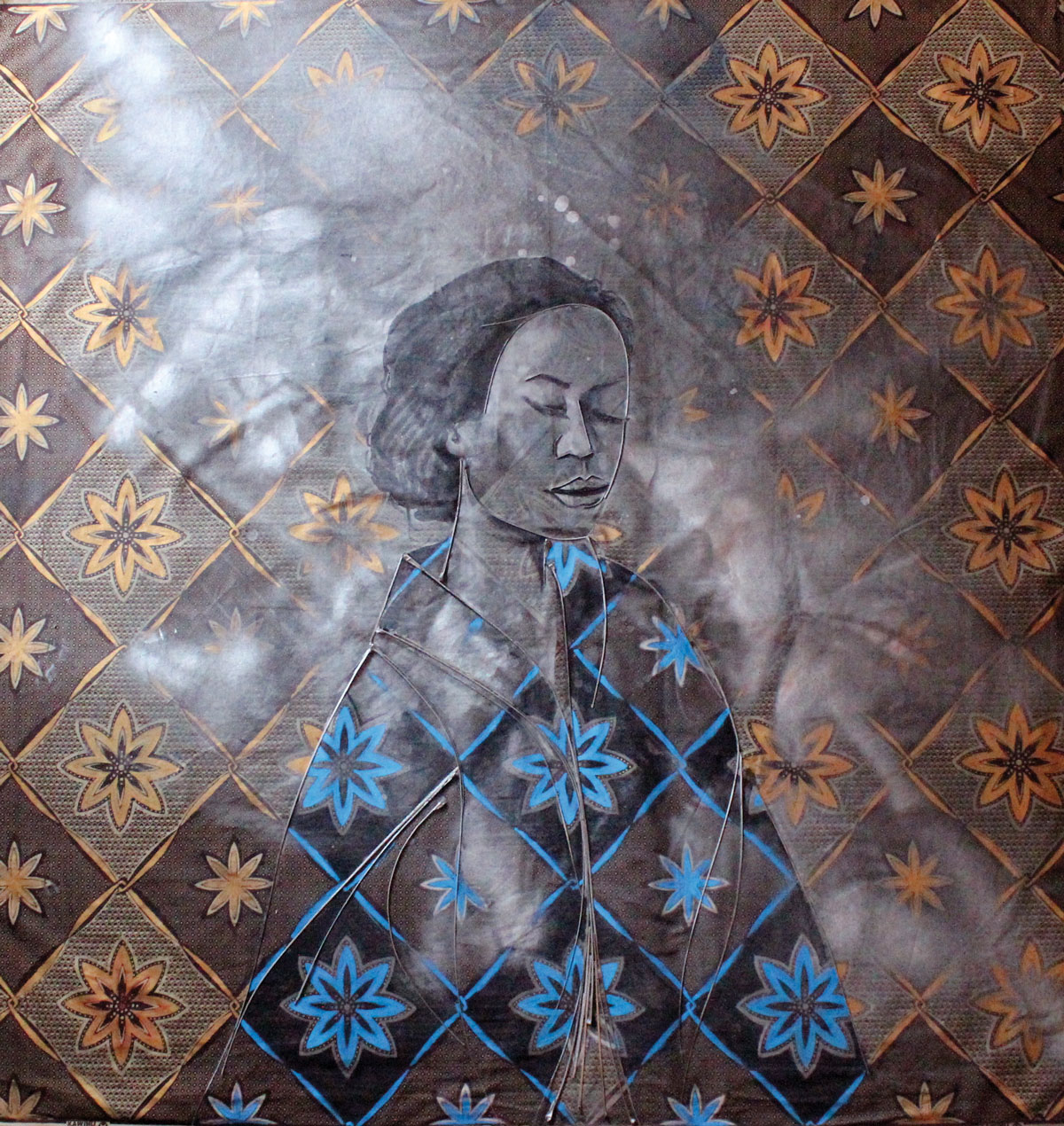 portrait on brown cloth with floral pattern