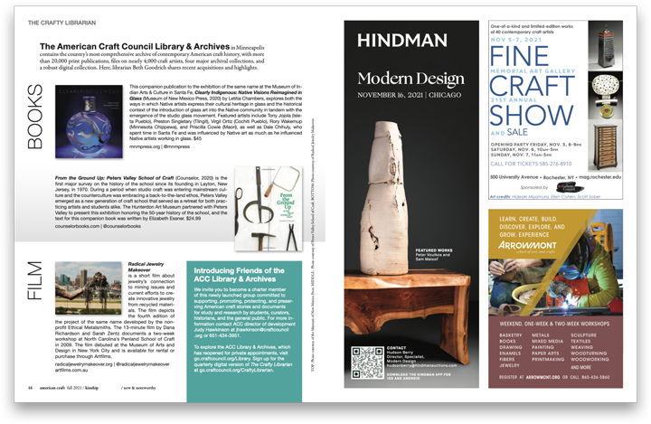 Spread of pages showing content from American Craft magazine